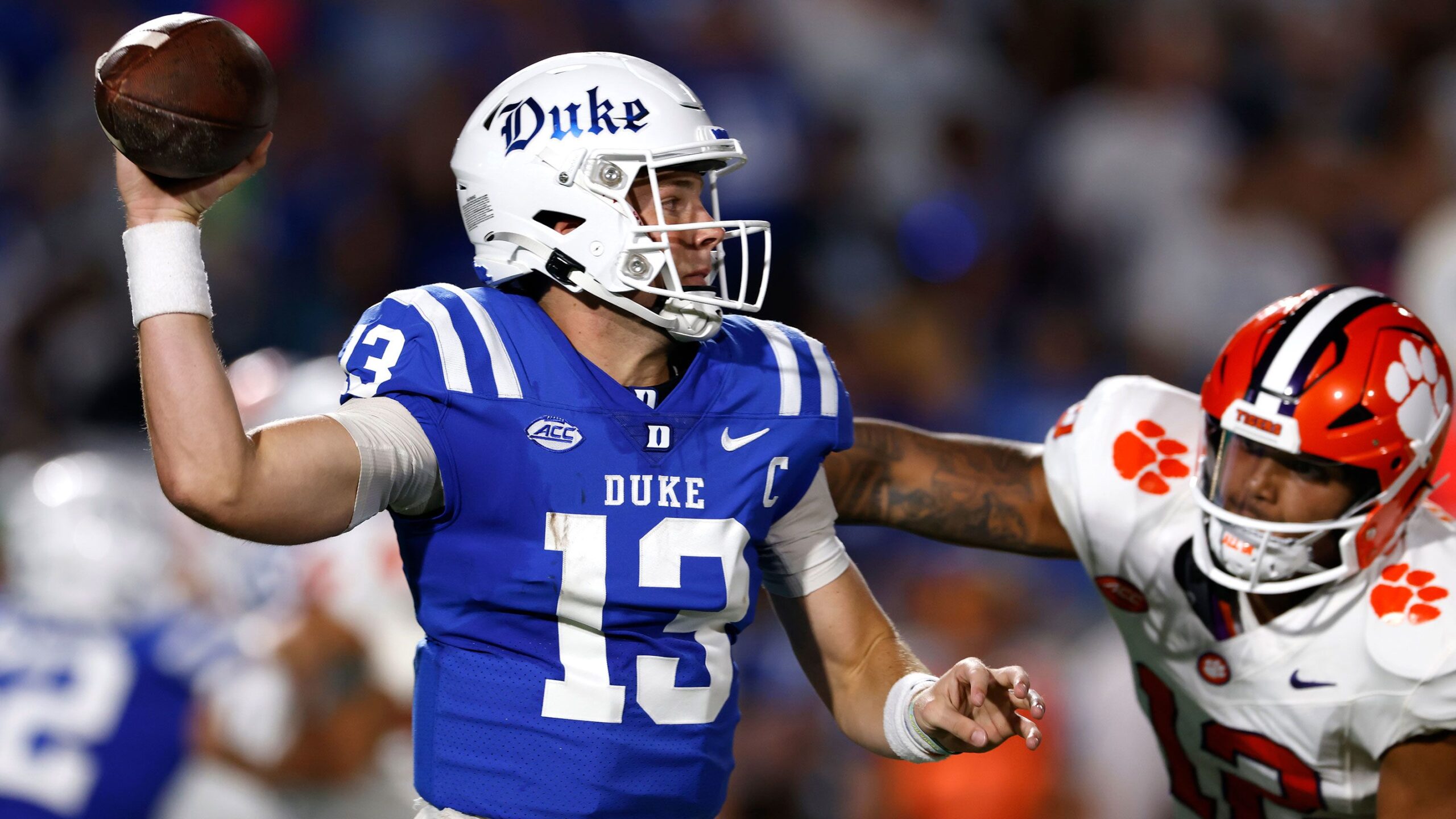 Riley Leonard throws the ball against the Clemson Tigers during the first half of a big 28-7 win at Wallace Wade Stadium on September 4.